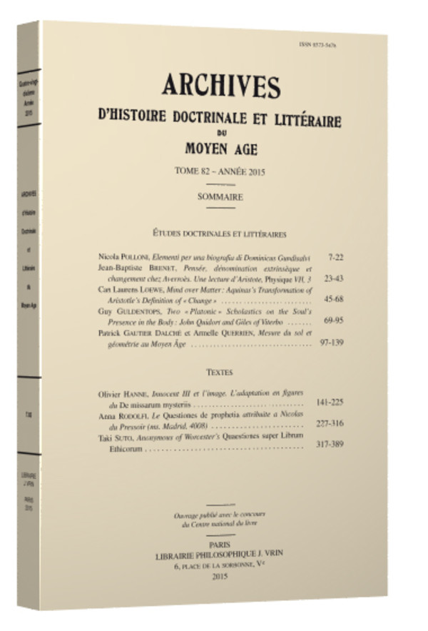Archives d’Histoire littéraire et doctrinale du Moyen Âge LXXXII – 2015