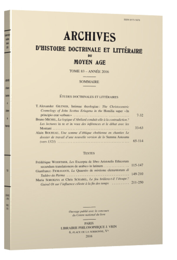 Archives d’Histoire littéraire et doctrinale du Moyen Âge LXXXIII – 2016
