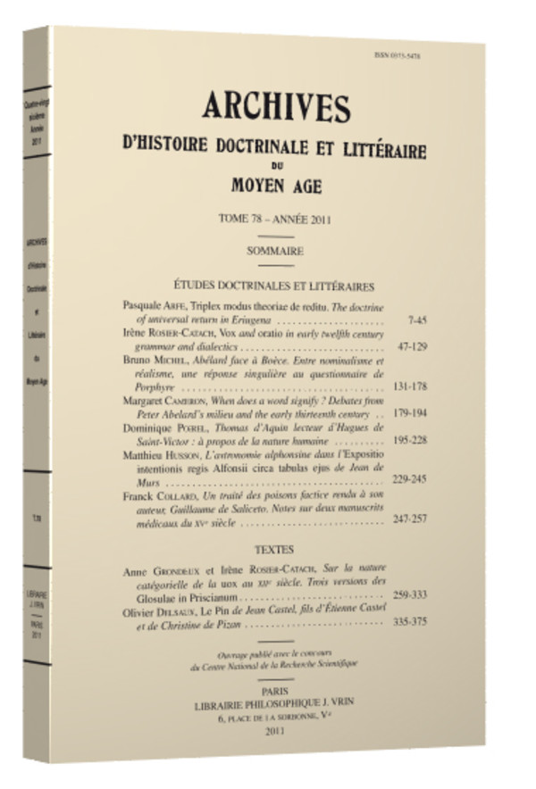 Archives d’Histoire littéraire et doctrinale du Moyen-Âge LXXVIII – 2011