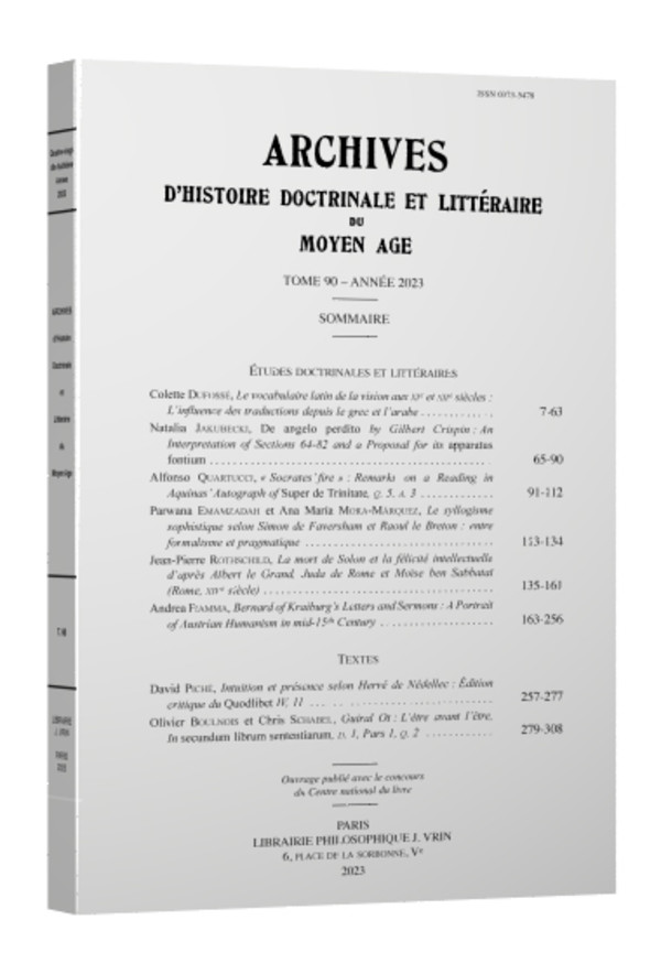 Archives d’Histoire littéraire et doctrinale du Moyen Âge XC – 2023