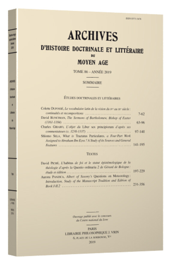 Archives d’Histoire littéraire et doctrinale du Moyen Âge LXXXVI – 2019