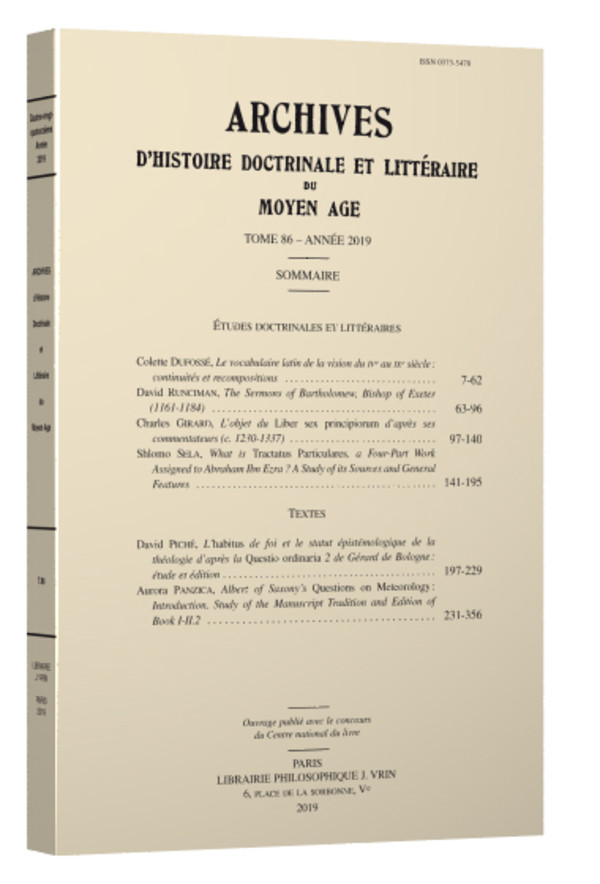 Archives d’Histoire littéraire et doctrinale du Moyen Âge LXXXVI – 2019