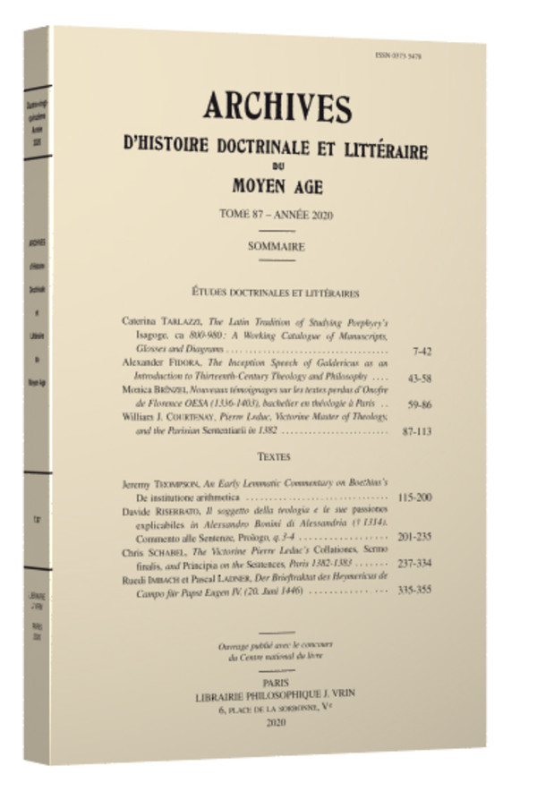 Archives d’Histoire littéraire et doctrinale du Moyen Âge LXXXVI – 2019