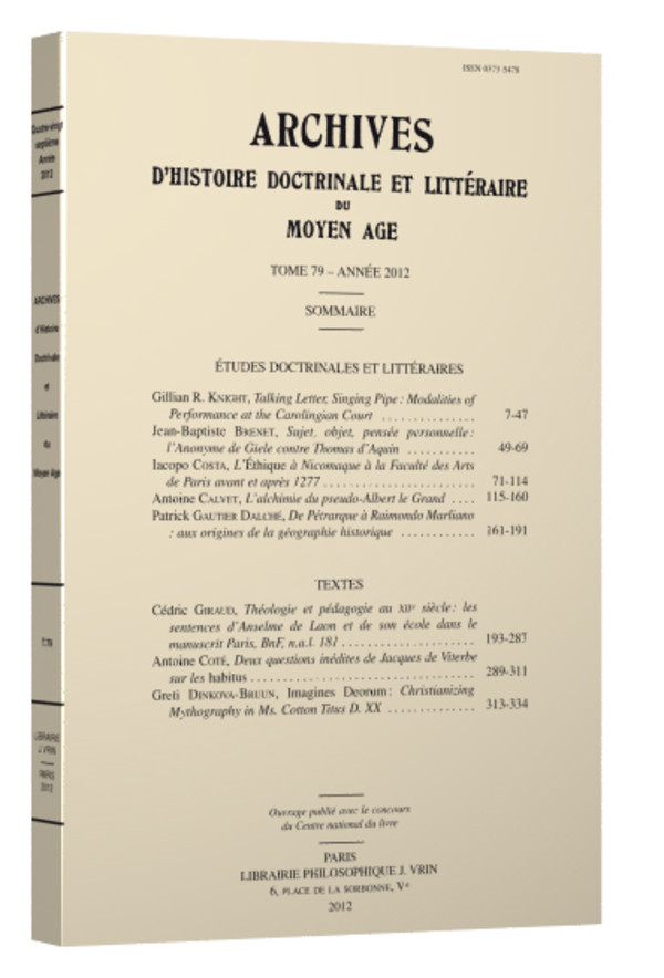 Archives d’Histoire littéraire et doctrinale du Moyen Âge LXXXVI – 2019