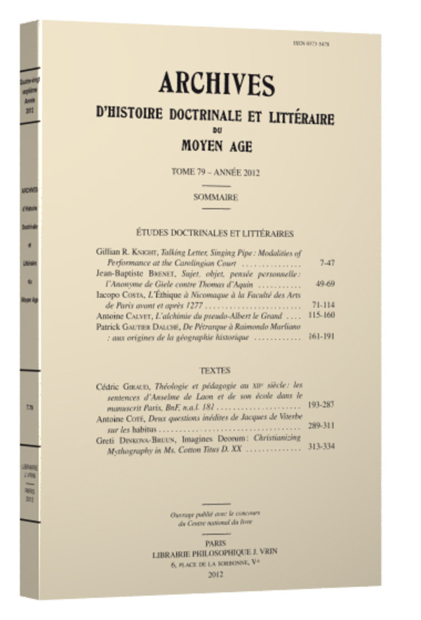 Archives d’Histoire littéraire et doctrinale du Moyen Âge LXXXIX – 2022