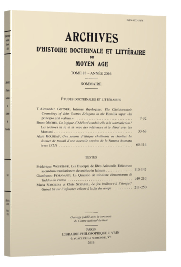 Archives d’Histoire littéraire et doctrinale du Moyen Âge LXXXIII – 2016