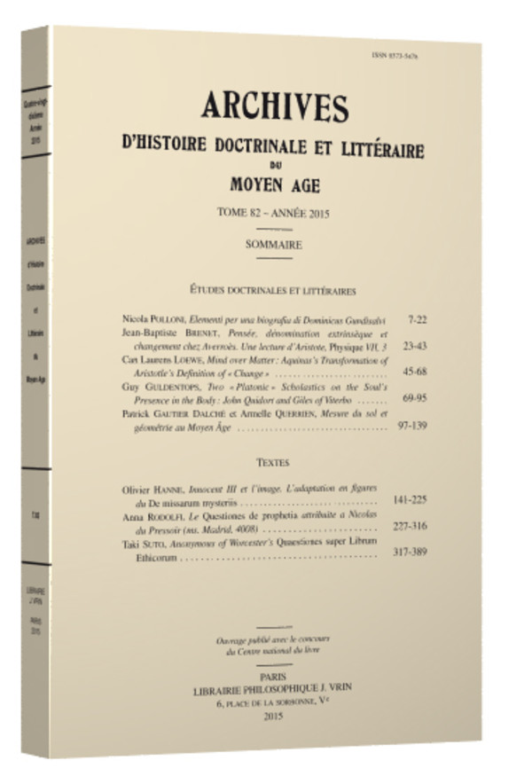 Archives d’Histoire littéraire et doctrinale du Moyen Âge LXXXIX – 2022